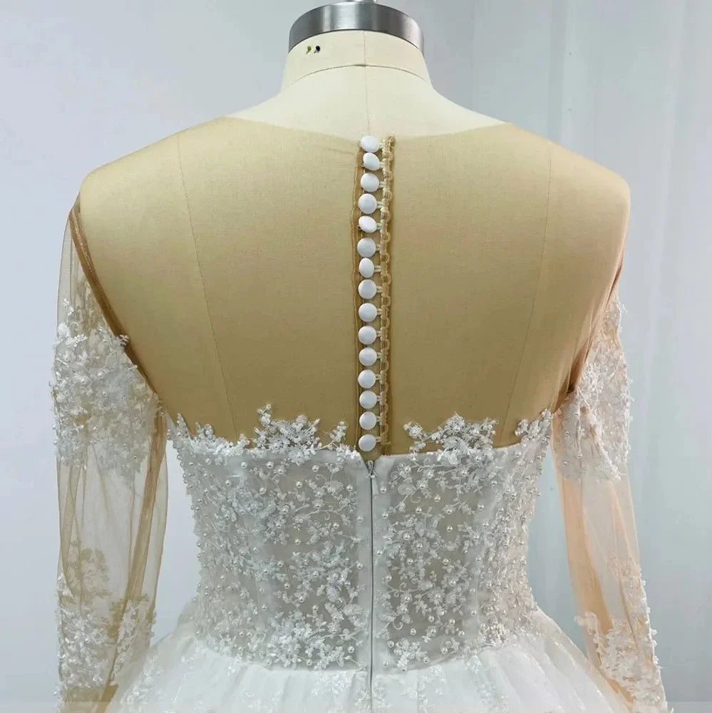 Customized Elegant Wedding Dress Illusion Neck Long Sleeves Lace Appliques Pearls Beads Bride Gowns