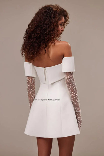 Sophisticated Off-the-Shoulder Satin Short Mini Wedding Dresses