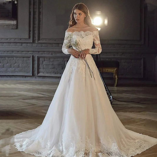 Vintage Off The Shoulder Long Sleeves Lace Applique A Line Wedding Dresses Sweep Train