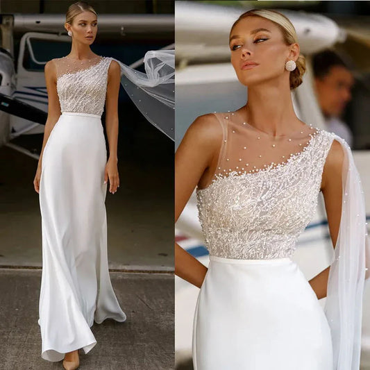 Bright Chiffon Women Wedding Dresses Lace Printing Bridal Gowns Sleeveless Customized