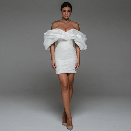 Short Wedding Dress for Bride Off the Shoulder Mini Gown Sheath Backless Glitter Bridal Dress