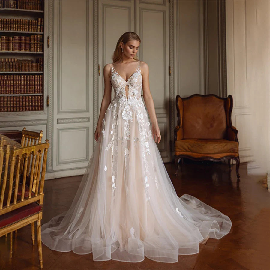 Customized A-Line Deep V-Neck Sleeveless Lace Appliques Tulle Wedding Dress Backless Button Bridal Gown