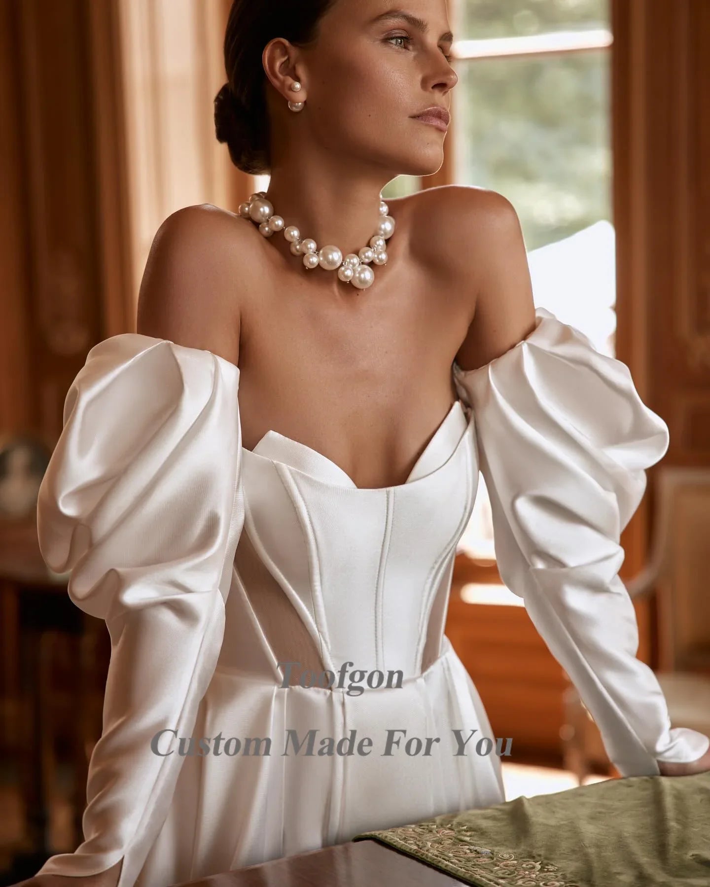 Toofgon Satin Wedding Dresses Detachable Long Sleeves Gowns