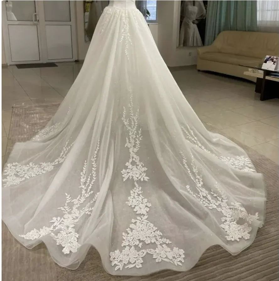 Lace Appliques Glitter Detachable Wedding Train Overskirt