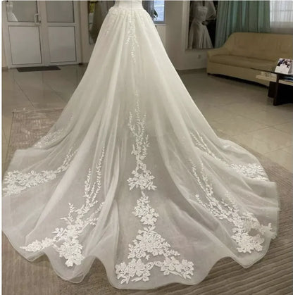 Lace Appliques Glitter Detachable Wedding Train Overskirt
