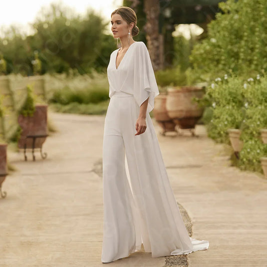 Customized Holy White Wedding Dresses Pants Suite Bridal Gowns V Neckline Beach Jumpsuit Backless 3/4 Sleeves