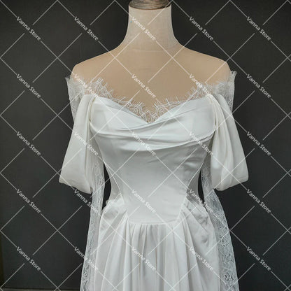 Customized Illusion Tulle Off Shoulder Lace Wedding Gowns A Line Long Sleeves Ruched Satin Bridal Dress