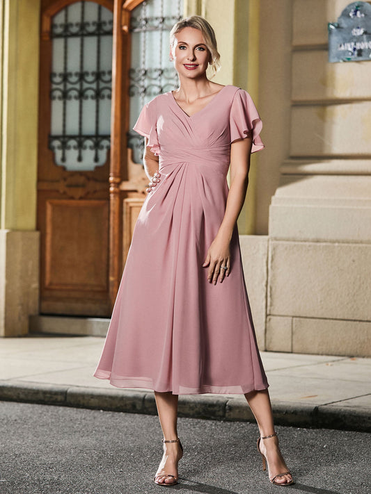 V-neck Pleated A-line Chiffon Tea-length Dress Dusty Rose