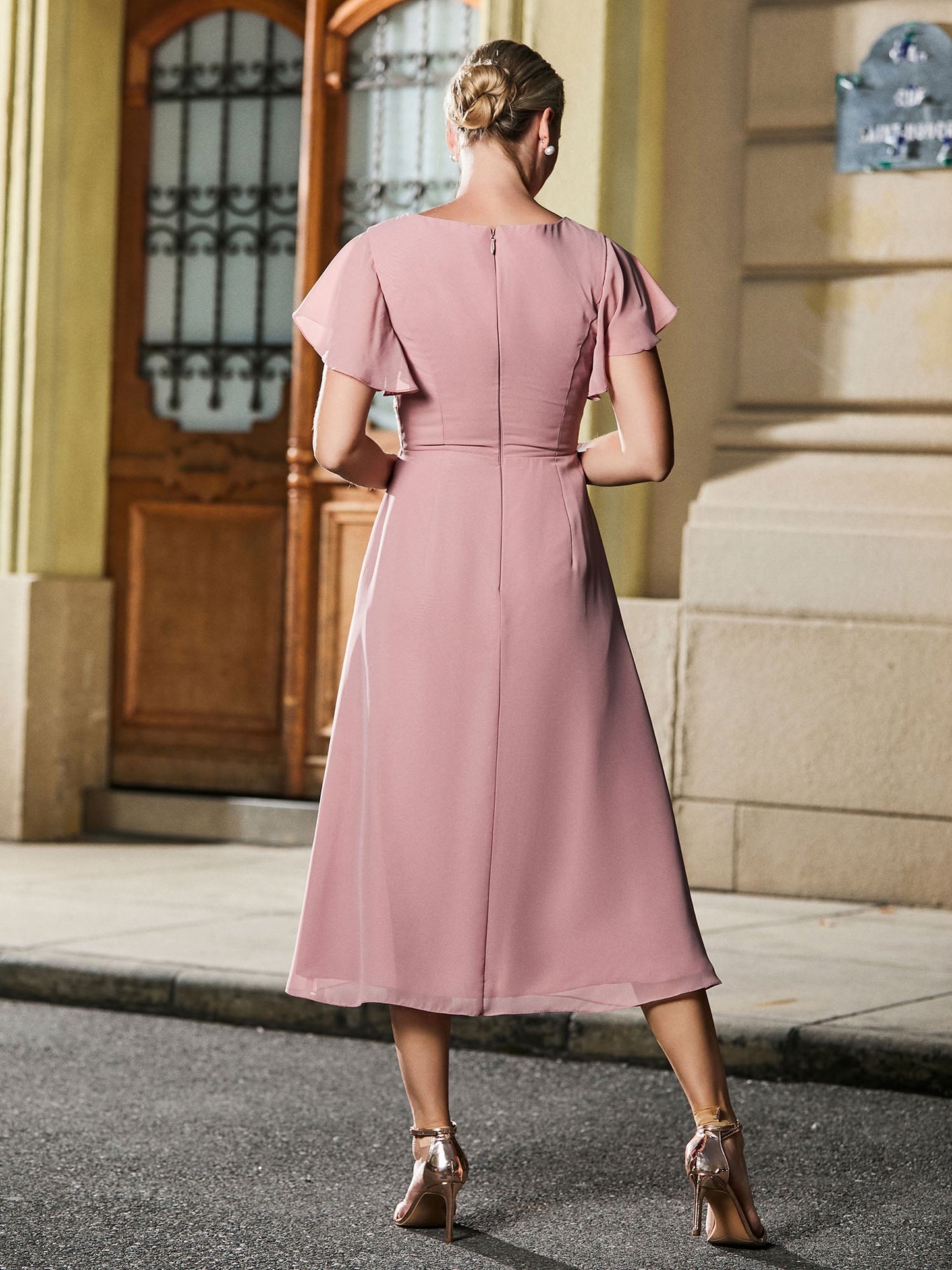 V-neck Pleated A-line Chiffon Tea-length Dress Dusty Rose