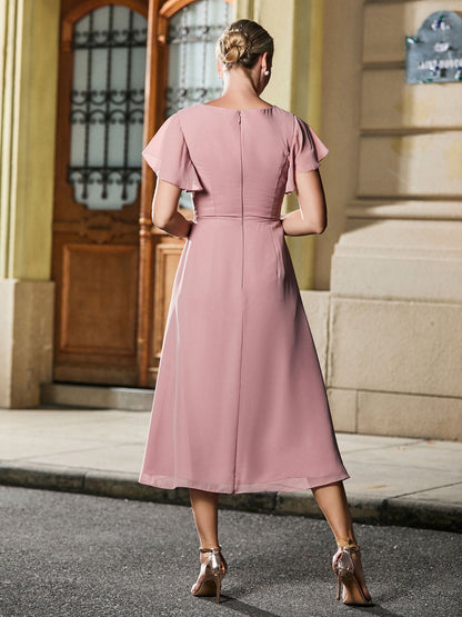 V-neck Pleated A-line Chiffon Tea-length Dress Dusty Rose