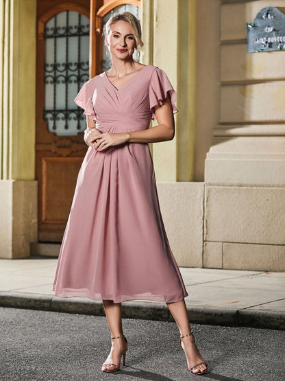 V-neck Pleated A-line Chiffon Tea-length Dress Dusty Rose