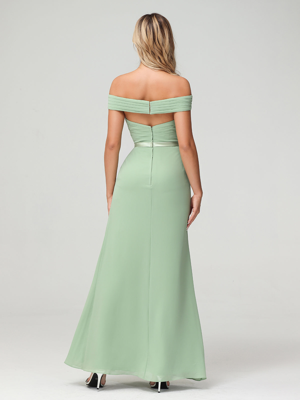 Chiffon Off Shoulder Dresses with Slit-Dusty Sage