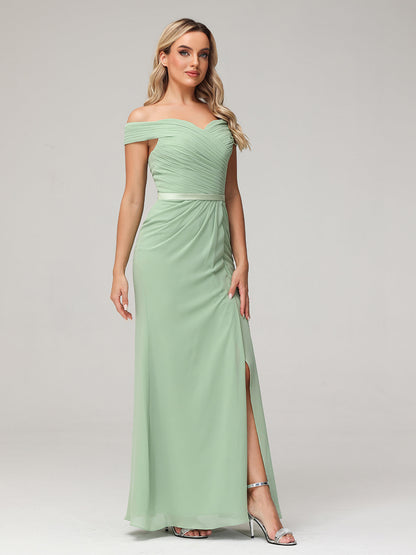 Chiffon Off Shoulder Dresses with Slit-Dusty Sage