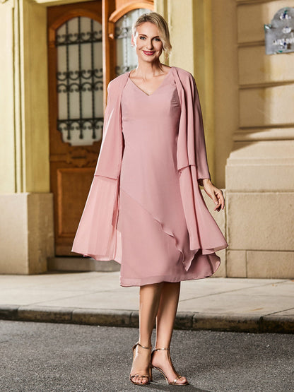 Simple V-neck Sleeveless Chiffon Knee-length Gown Dusty Rose