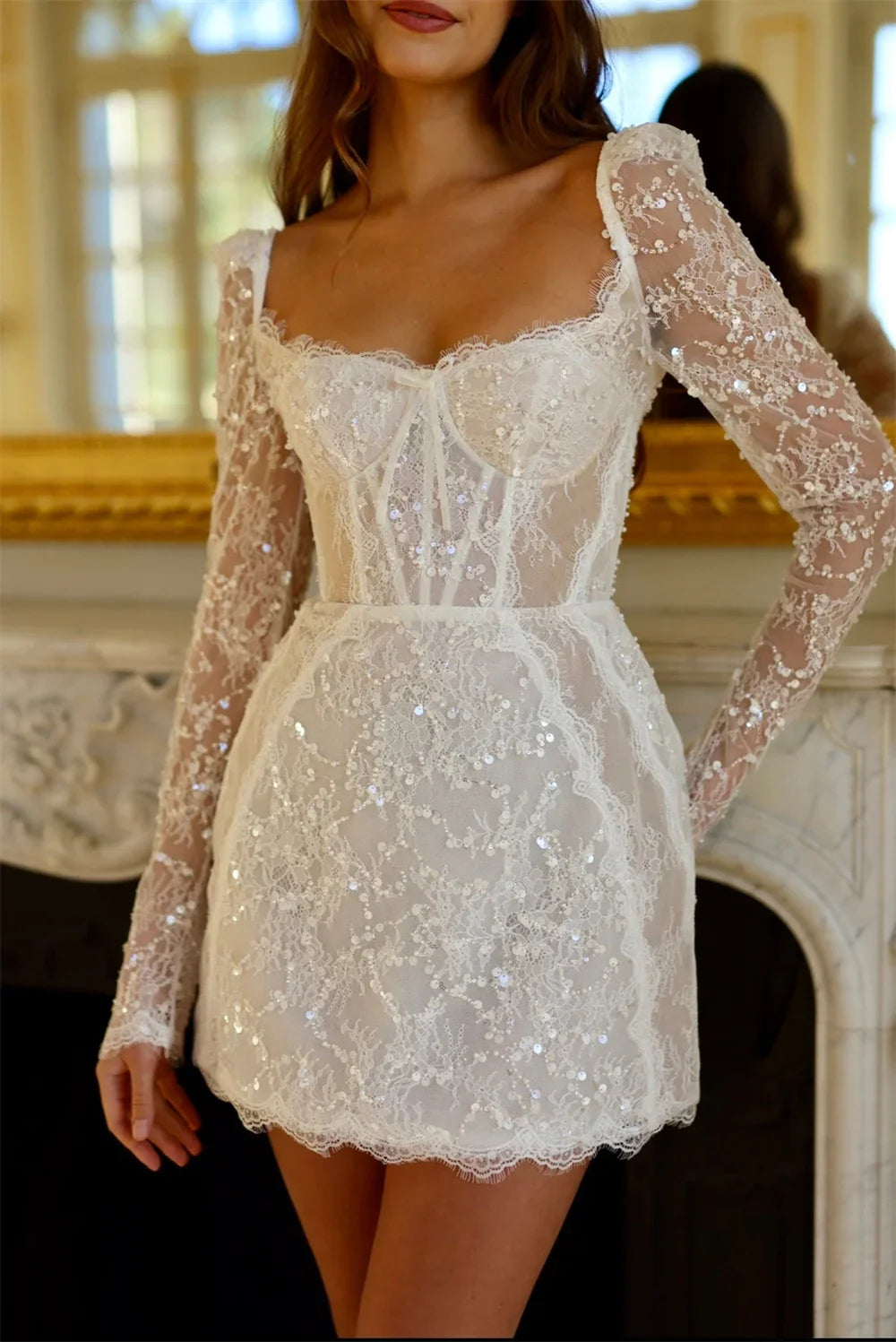 Customized Sequin Lace Mini Skirt Wedding Dress with Square Neck and Long Sleeves Lace-Up Back Short Gown