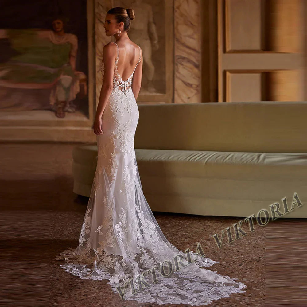 VIKTORIA Vintage Backless Wedding Dresses For Woman Spaghetti Straps Lace Appliques