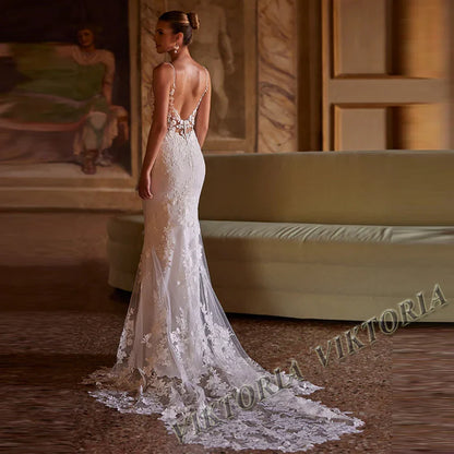 VIKTORIA Vintage Backless Wedding Dresses For Woman Spaghetti Straps Lace Appliques