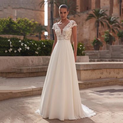 A-Line Lace Wedding Dress Brides Boho Cap Sleeve V-Neck Open Back Bridal Gown Customized
