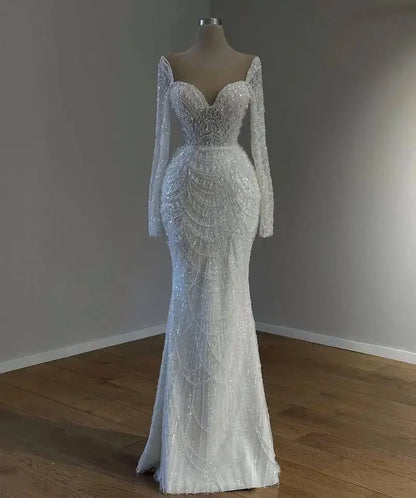 Flavinke White Mermaid Wedding Dresses With Detachable Train Long Sleeves Pearls Wedding Gowns