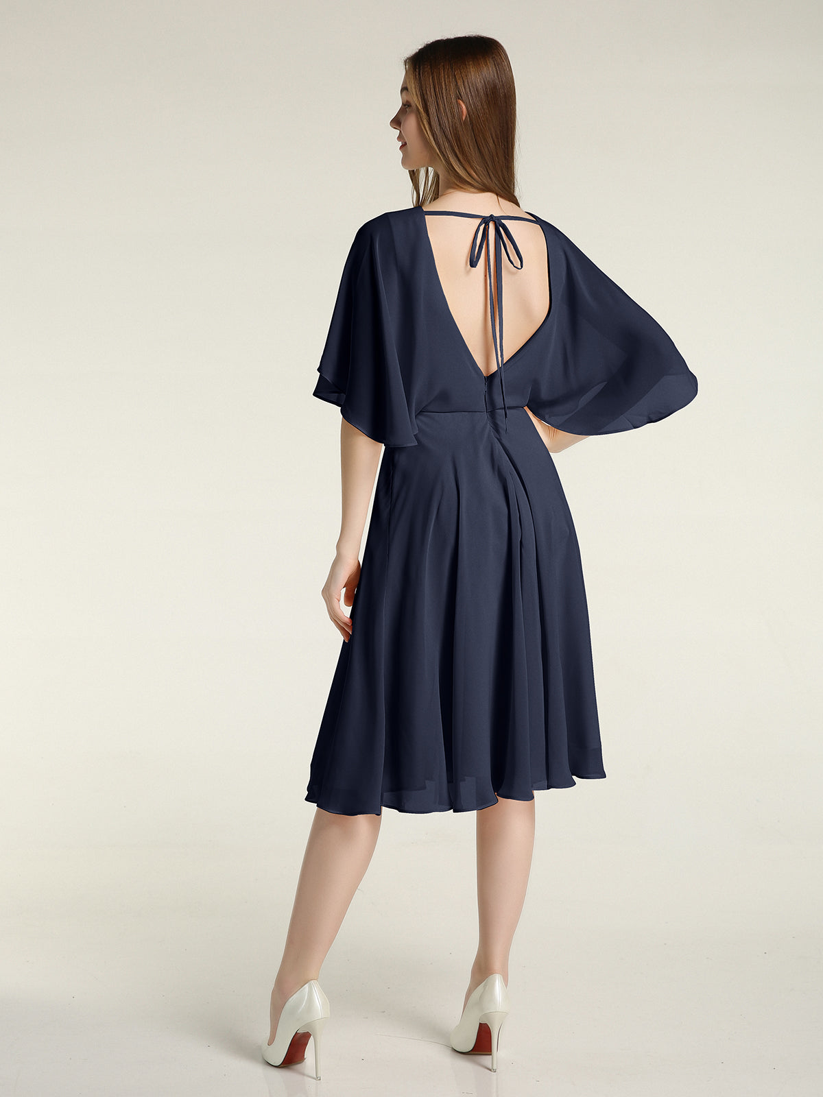 Scoop Neck Flutter Sleeves Short Chiffon Dresses-Dark Navy