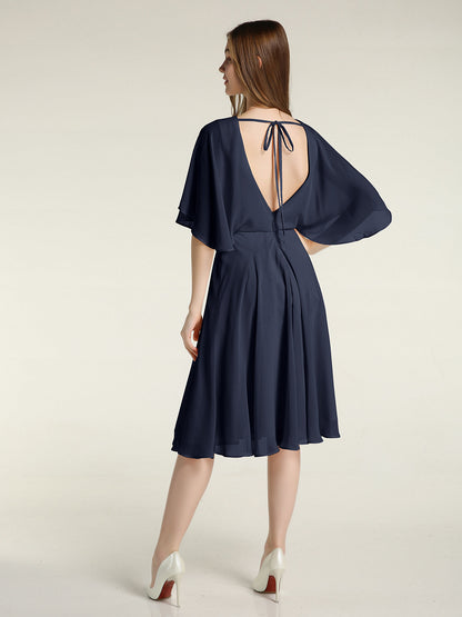 Scoop Neck Flutter Sleeves Short Chiffon Dresses-Dark Navy