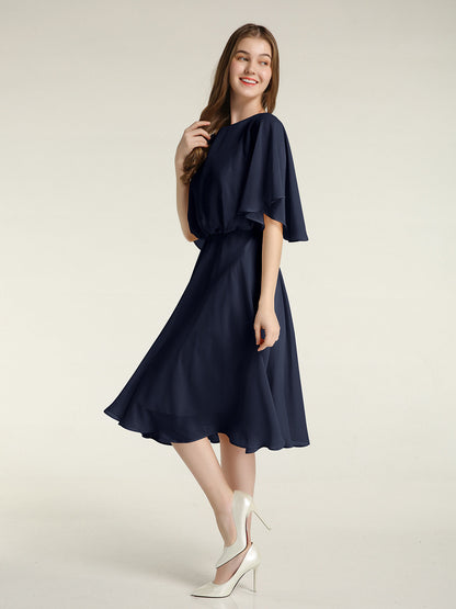 Scoop Neck Flutter Sleeves Short Chiffon Dresses-Dark Navy