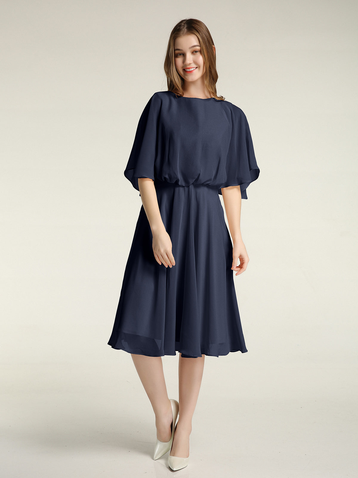 Scoop Neck Flutter Sleeves Short Chiffon Dresses-Dark Navy
