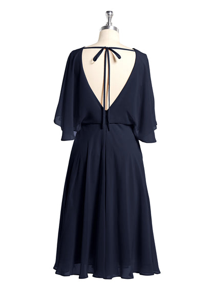 Scoop Neck Flutter Sleeves Short Chiffon Dresses-Dark Navy