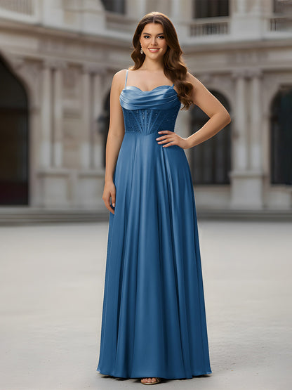 Sweetheart Beaded Bodice A-Line Long Dress Ink Blue