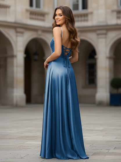 Sweetheart Beaded Bodice A-Line Long Dress Ink Blue
