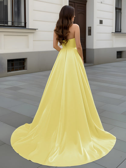 Sweetheart Neck A-Line Ruched Sweep Train Gown Daffodil