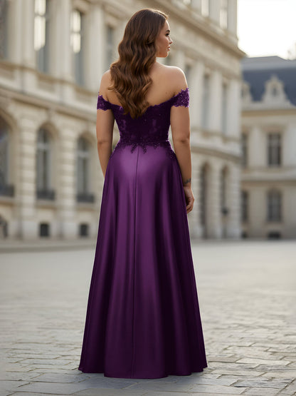 Off-the-shoulder Applique Bodice A-Line Long Dress Grape