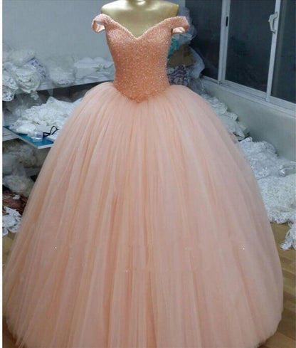 Sequins Beaded Corset Tulle Ball Gown Wedding Dresses V-neck Off The Shoulder
