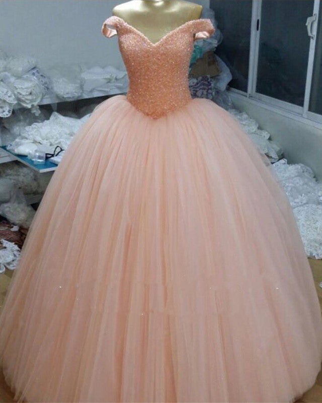 Sequins Beaded Corset Tulle Ball Gown Wedding Dresses V-neck Off The Shoulder