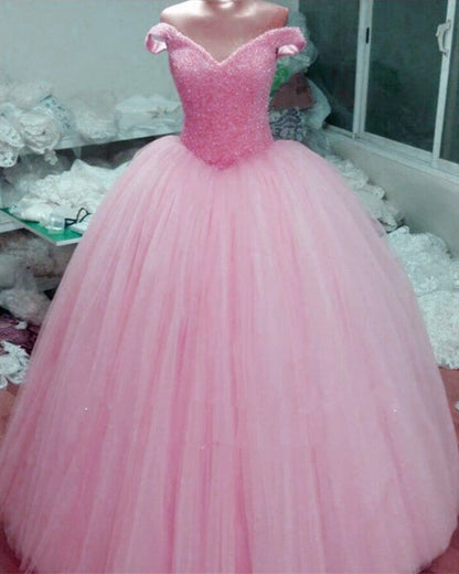 Sequins Beaded Corset Tulle Ball Gown Wedding Dresses V-neck Off The Shoulder