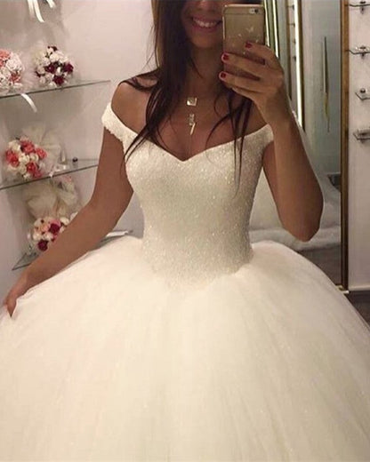 Sequins Beaded Corset Tulle Ball Gown Wedding Dresses V-neck Off The Shoulder