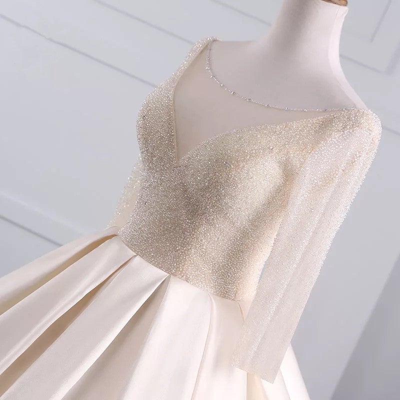 Sequins Beaded V Neck Champagne Wedding Dresses Ball Gowns With Sleeves