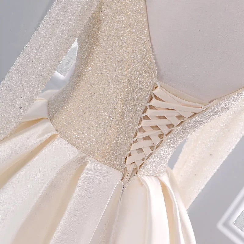 Sequins Beaded V Neck Champagne Wedding Dresses Ball Gowns With Sleeves