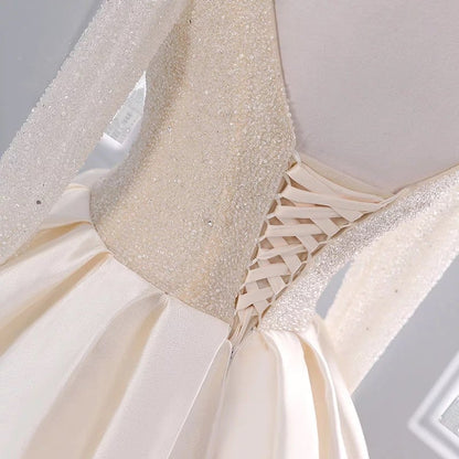 Sequins Beaded V Neck Champagne Wedding Dresses Ball Gowns With Sleeves