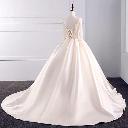 Sequins Beaded V Neck Champagne Wedding Dresses Ball Gowns With Sleeves