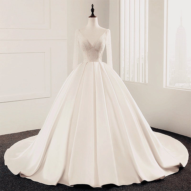 Sequins Beaded V Neck Champagne Wedding Dresses Ball Gowns With Sleeves