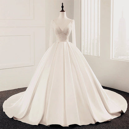 Sequins Beaded V Neck Champagne Wedding Dresses Ball Gowns With Sleeves