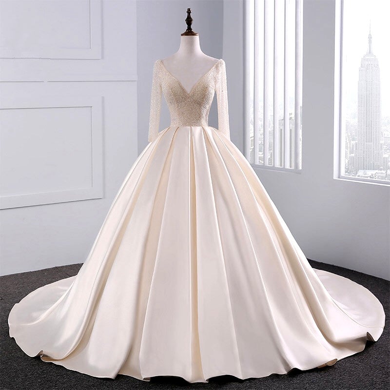 Sequins Beaded V Neck Champagne Wedding Dresses Ball Gowns With Sleeves