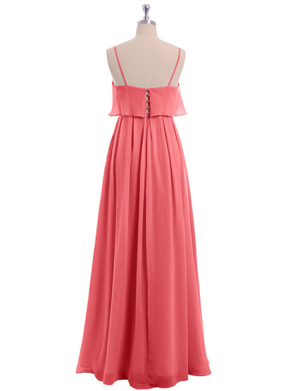 Spaghetti Strap Chiffon Dress with Cascade Skirt-Watermelon