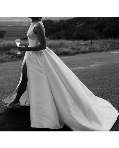Sexy A Line Satin Wedding Dress With Slit