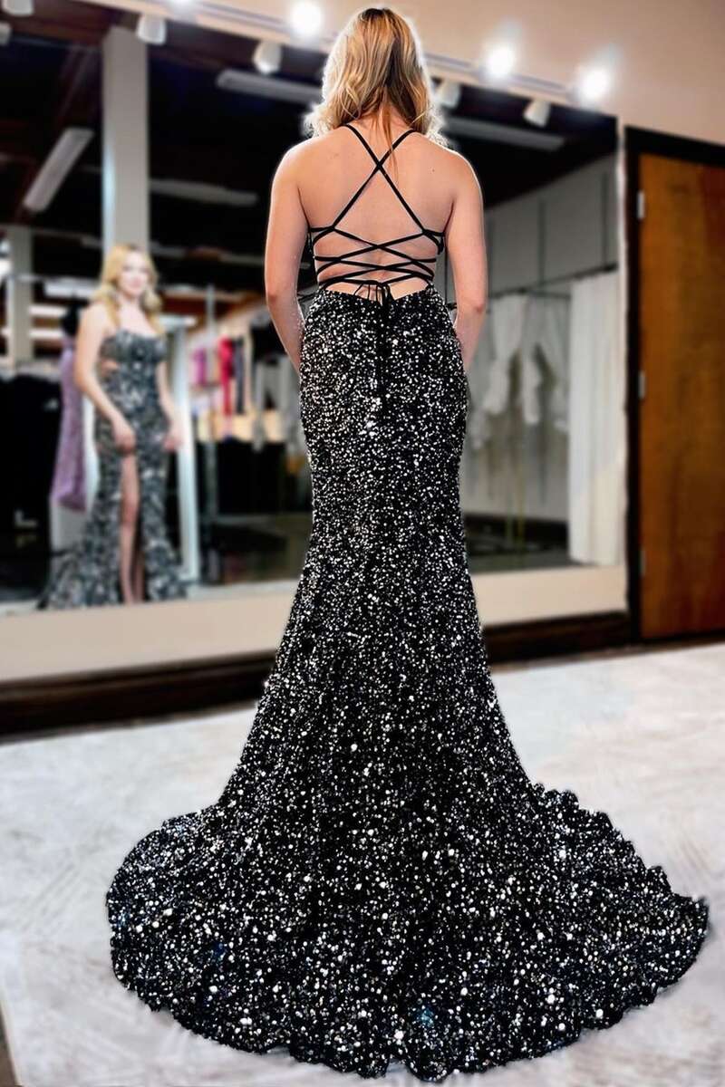 Aimishang Sequins Black Lace Up Prom Dresses With Waistline And Slit Sexy Mermaid Evening Dresses