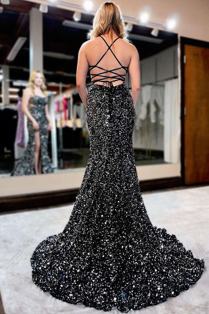 Aimishang Sequins Black Lace Up Prom Dresses With Waistline And Slit Sexy Mermaid Evening Dresses
