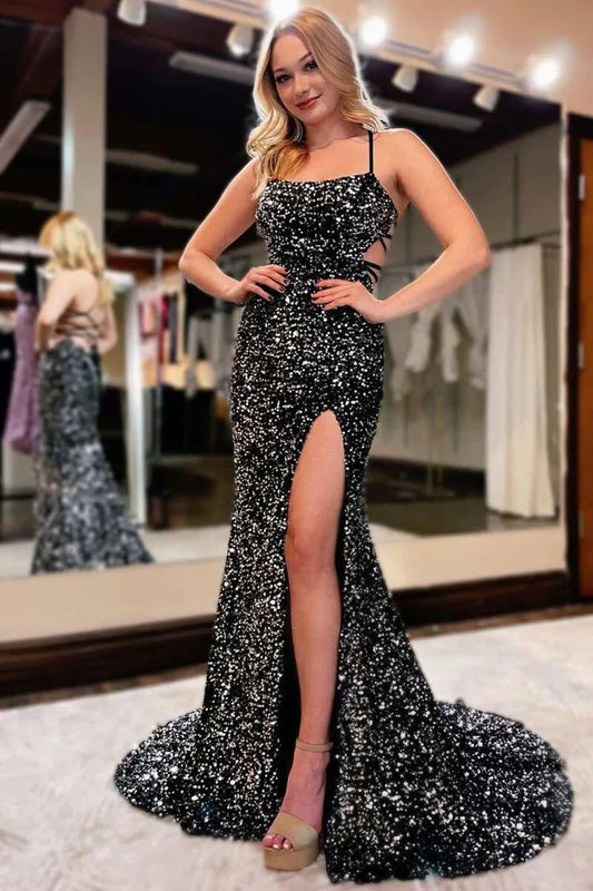 Aimishang Sequins Black Lace Up Prom Dresses With Waistline And Slit Sexy Mermaid Evening Dresses