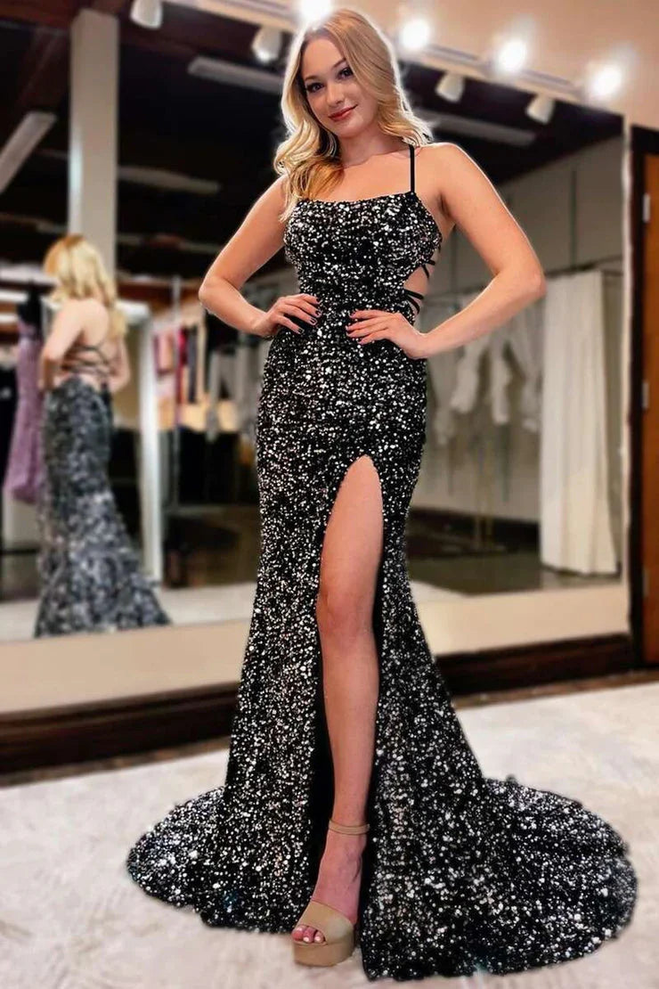 Aimishang Sequins Black Lace Up Prom Dresses With Waistline And Slit Sexy Mermaid Evening Dresses