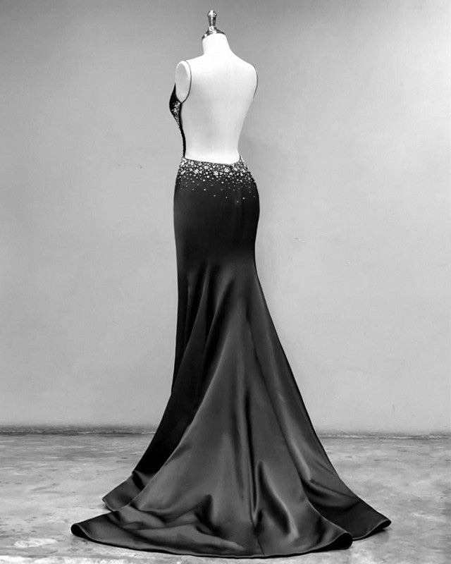 Black Mermaid Open Back Dresses With Slit